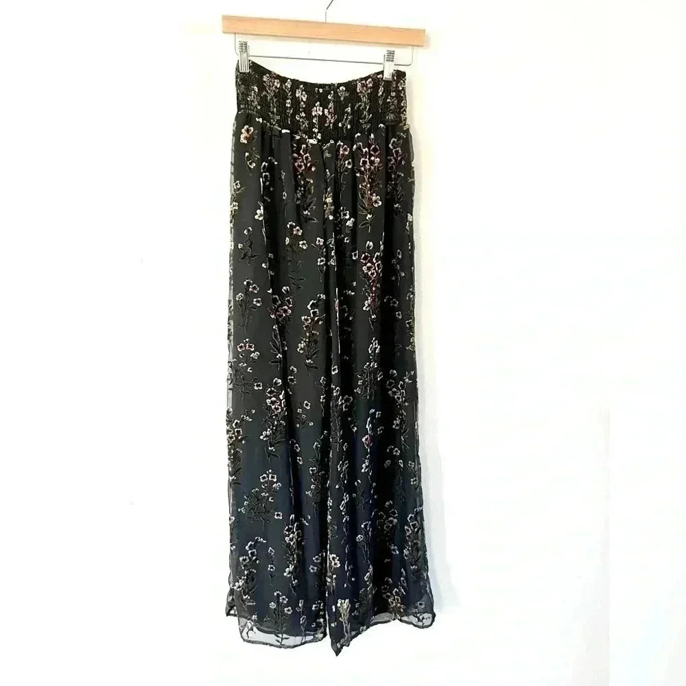 Anthropologie Love Sam Black Floral Velvet High Waisted Chiffon Pants Medium